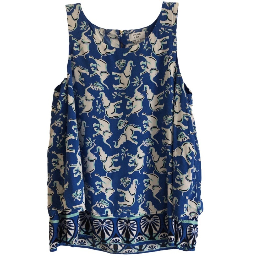 Crown & Ivy Blue Elephant Print Sleeveless Top Women's Size Small